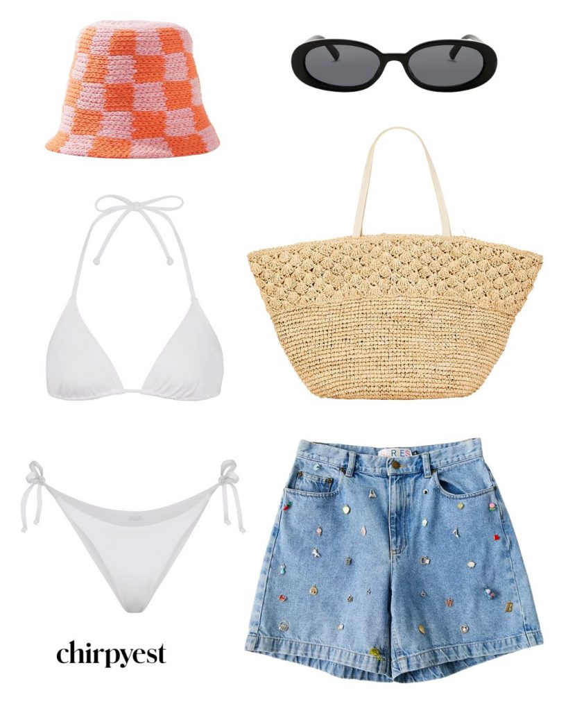 bathing suits, outfit, sandals, beach bag